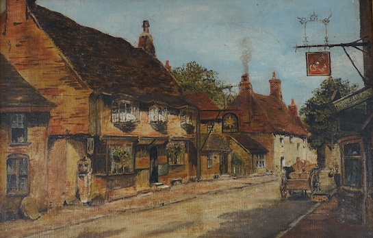 Early 20th century, English School, oil on board, ‘Alfriston street scene’, 25 x 38cm, ornate gilt framed. Condition - fair